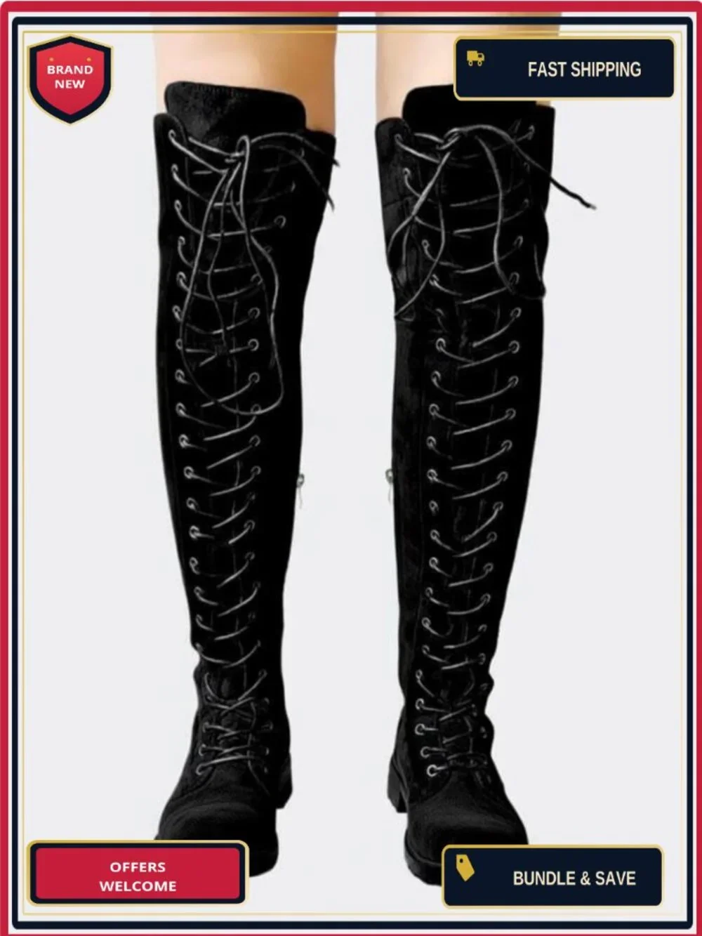 Over the Knee Lace Up Suede Combat Boots, Block Heel, Side Zipper, Round Toe,